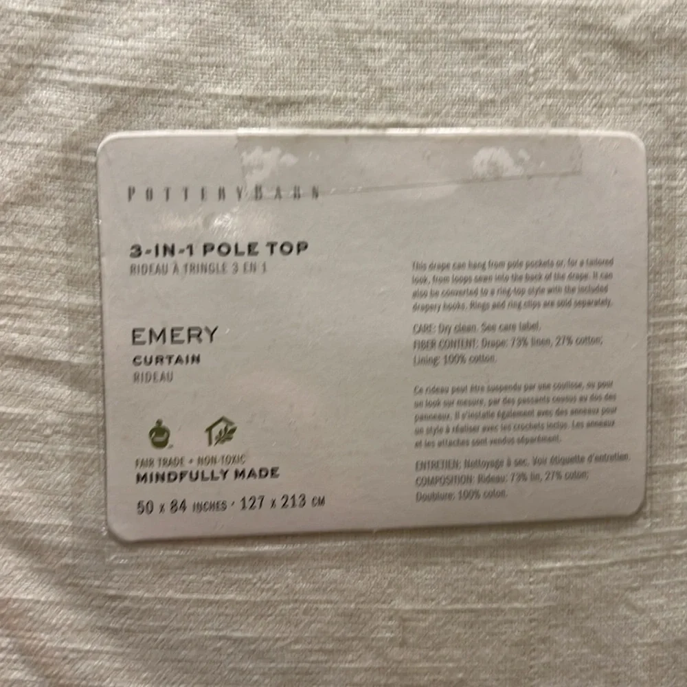New - Set of 2 - Pottery Barn Emery Curtain - Ivory 50x84 inches - Picture 3 of 6